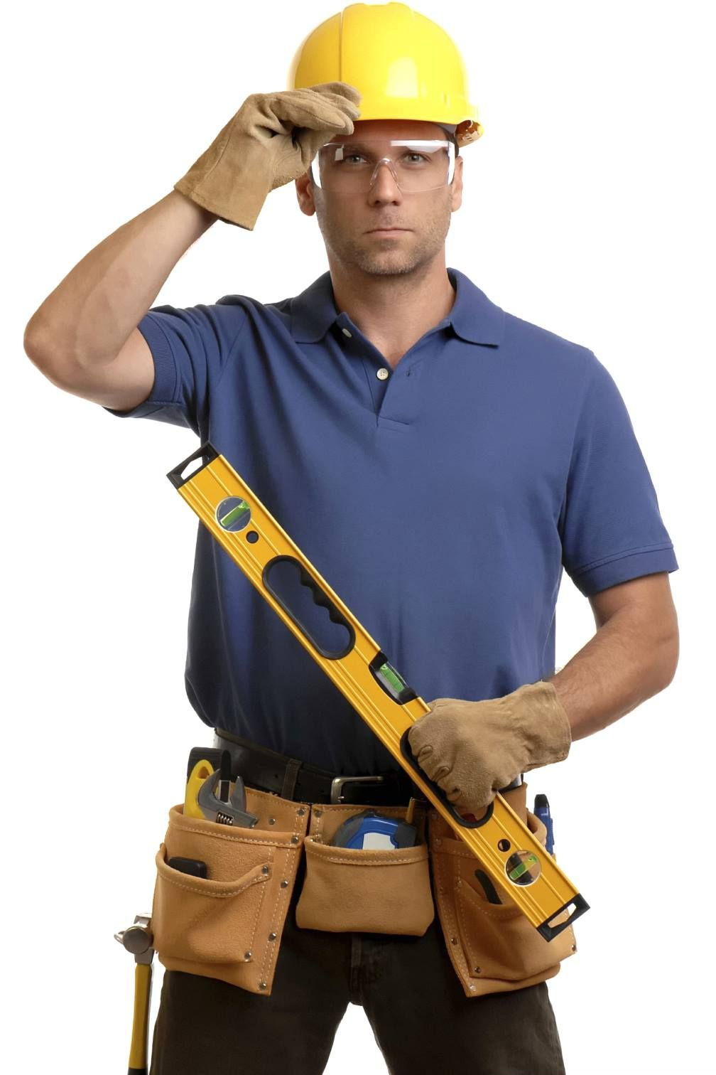 Construction worker in blue shirt, hard hat, safety glasses, holding a level, wearing a tool belt.