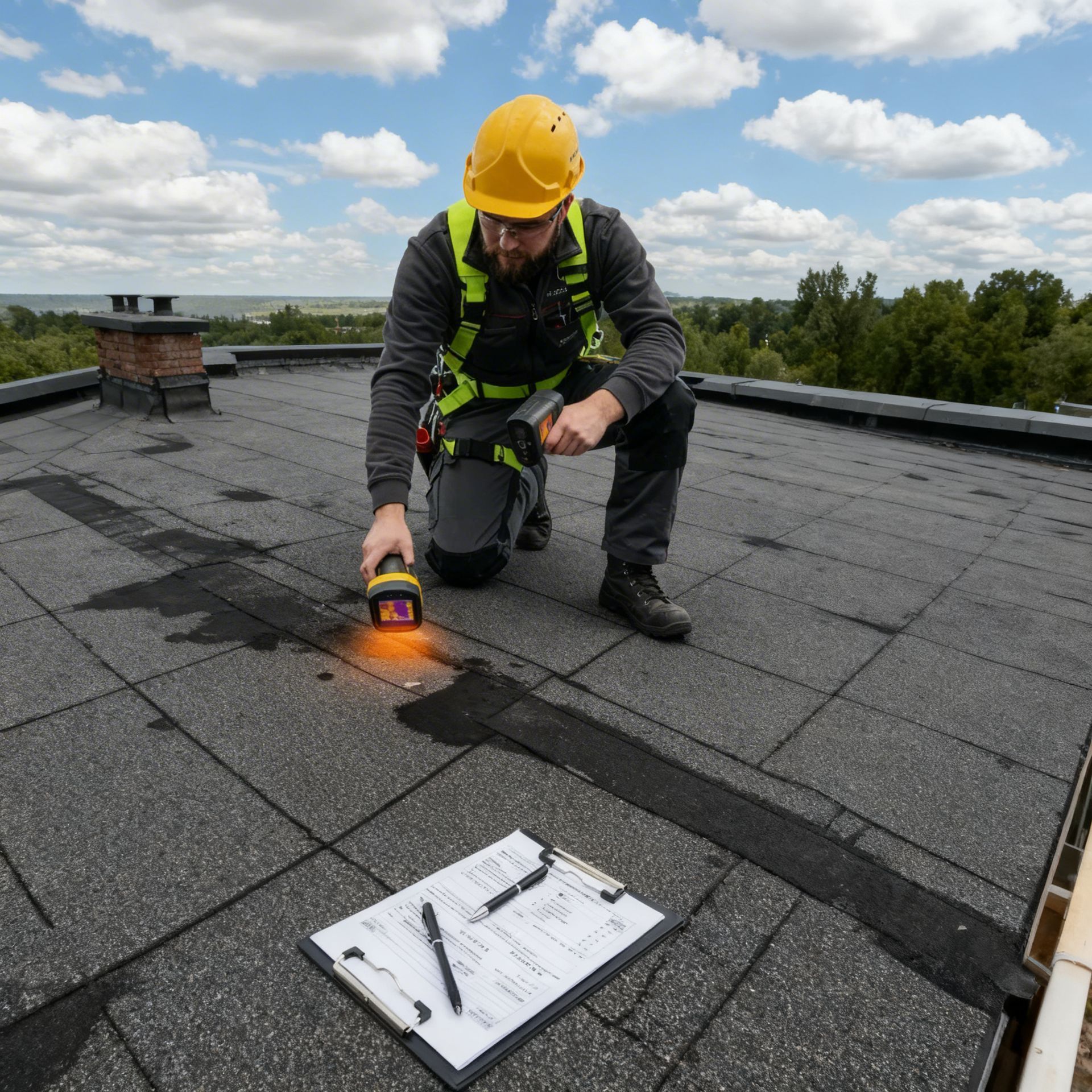 Man in safety gear inspects roof with a tool, clipboard and pen on the roof, sunny day.