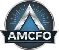 A logo for amplify consults with a silver triangle on a blue background