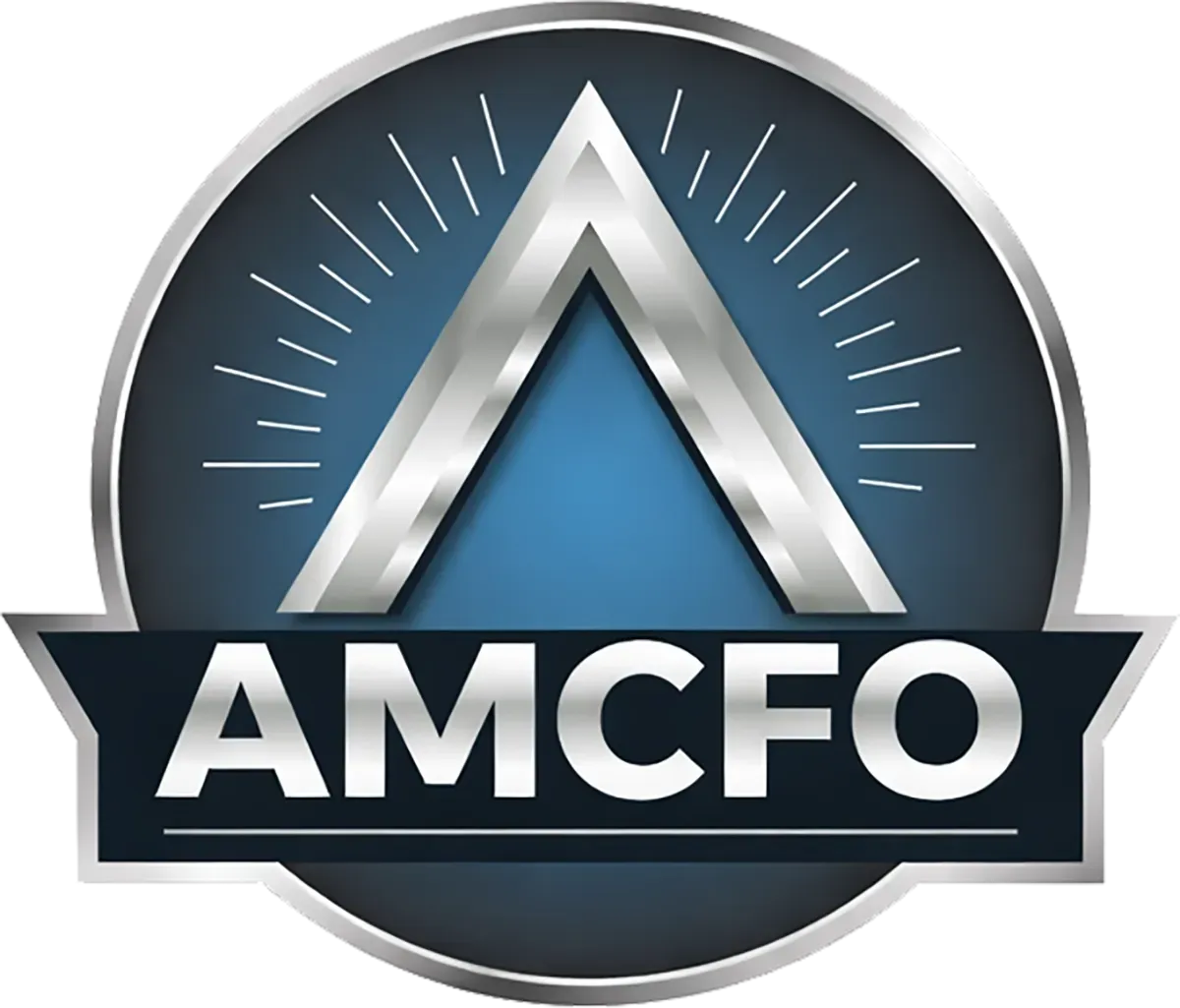 AMCFO logo with a metallic silver and blue circular emblem and stylized peak above bold text