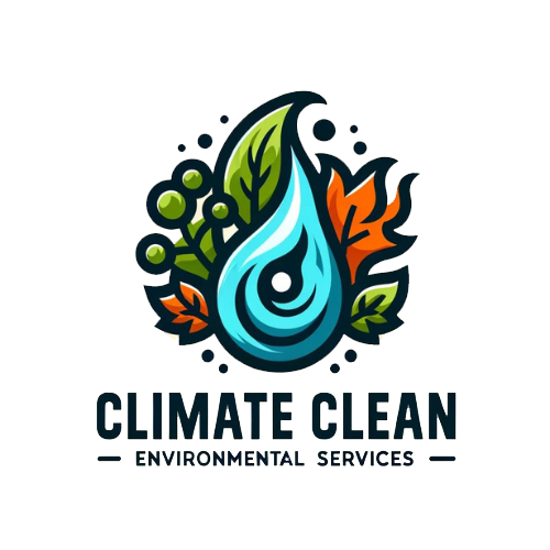 A logo for climate clean environmental services with a drop of water and leaves.