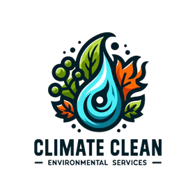 A logo for climate clean environmental services with a drop of water and leaves.