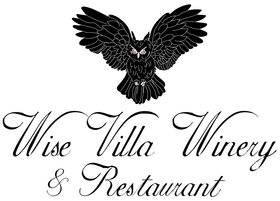 The logo for wise villa winery has an owl on it.