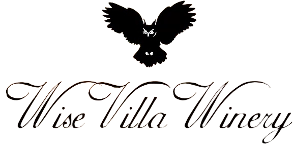 The logo for wise villa winery has an owl on it.