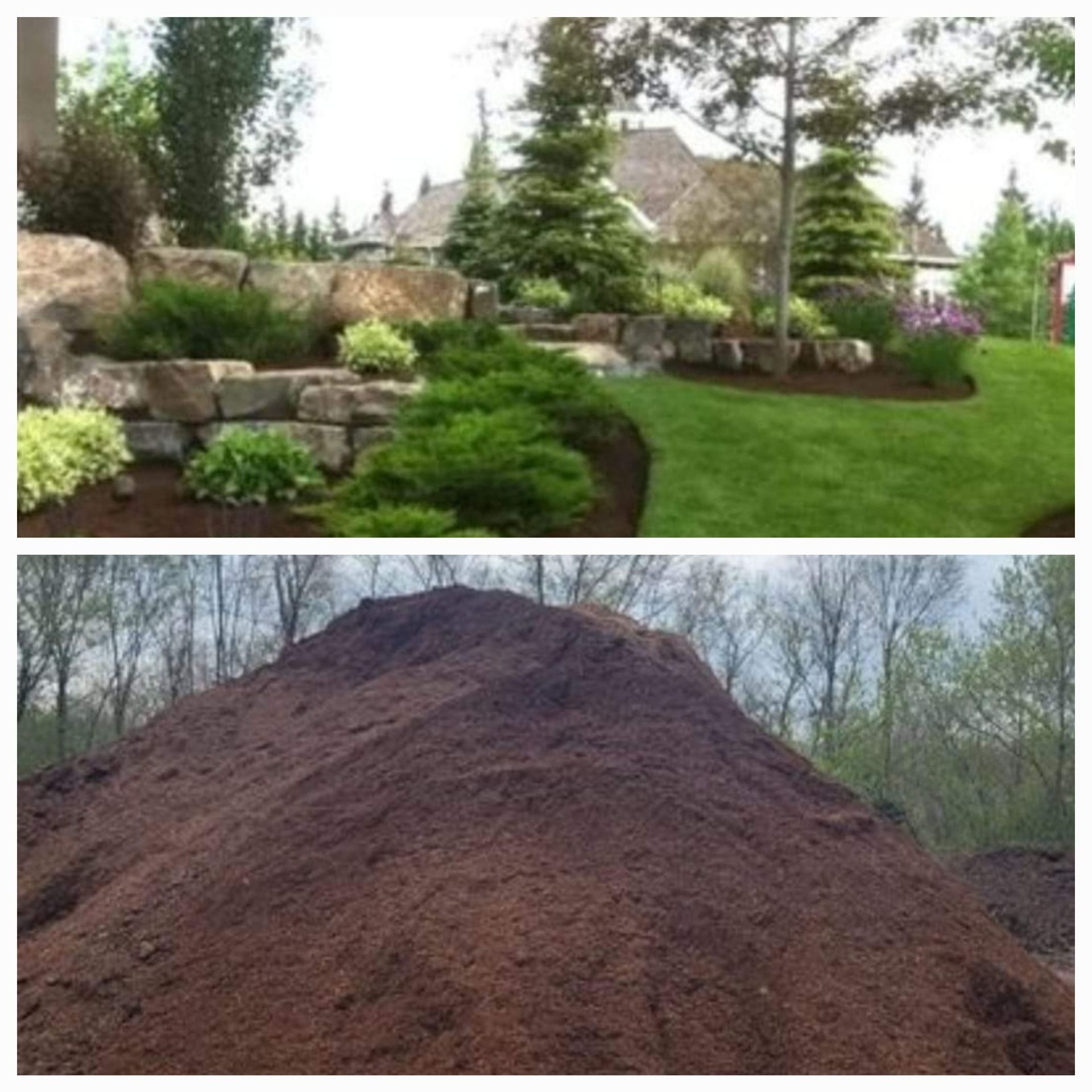 Two pictures of a lush green lawn and a pile of mulch.