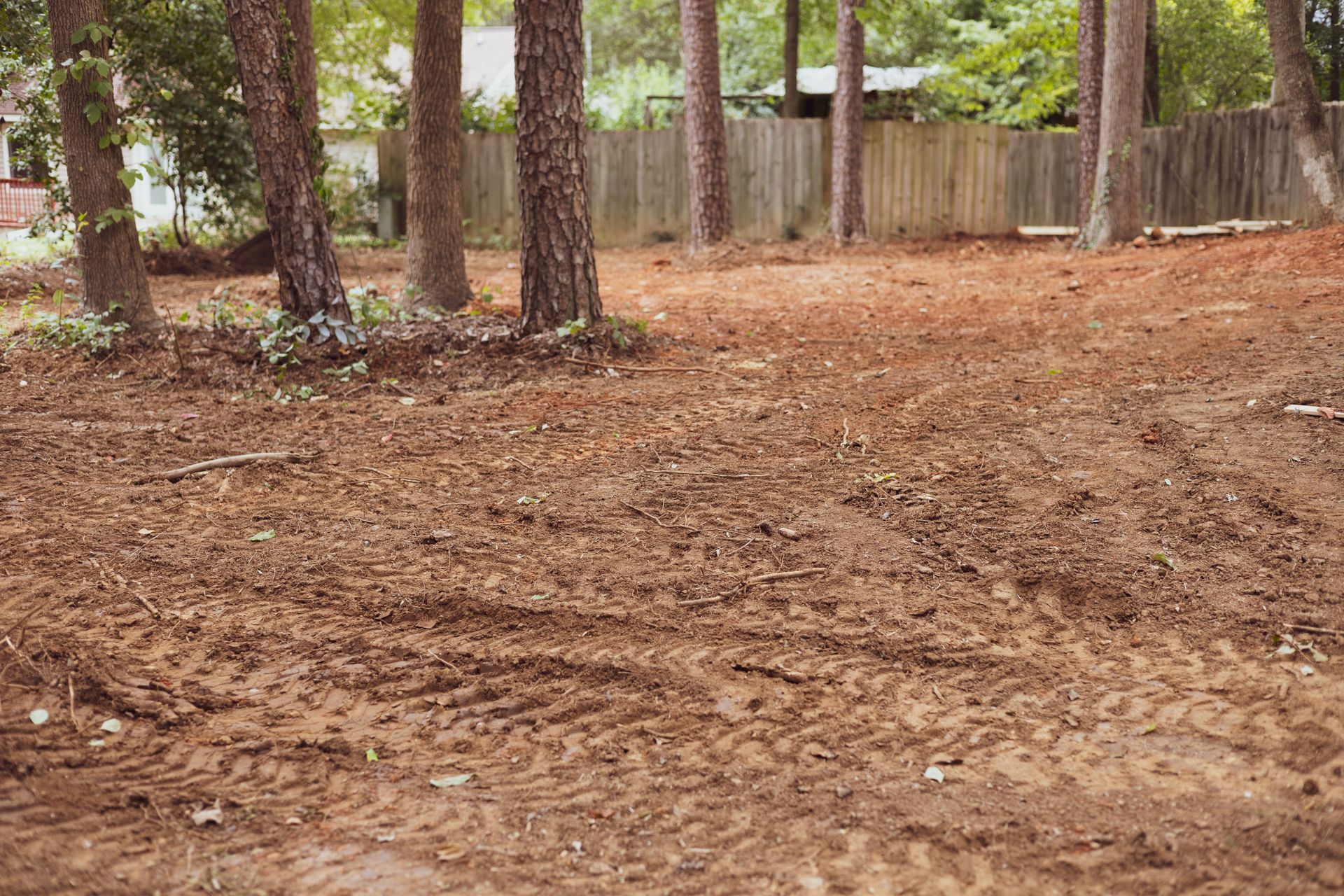 A dirt field with trees in the background and a fence in the background.