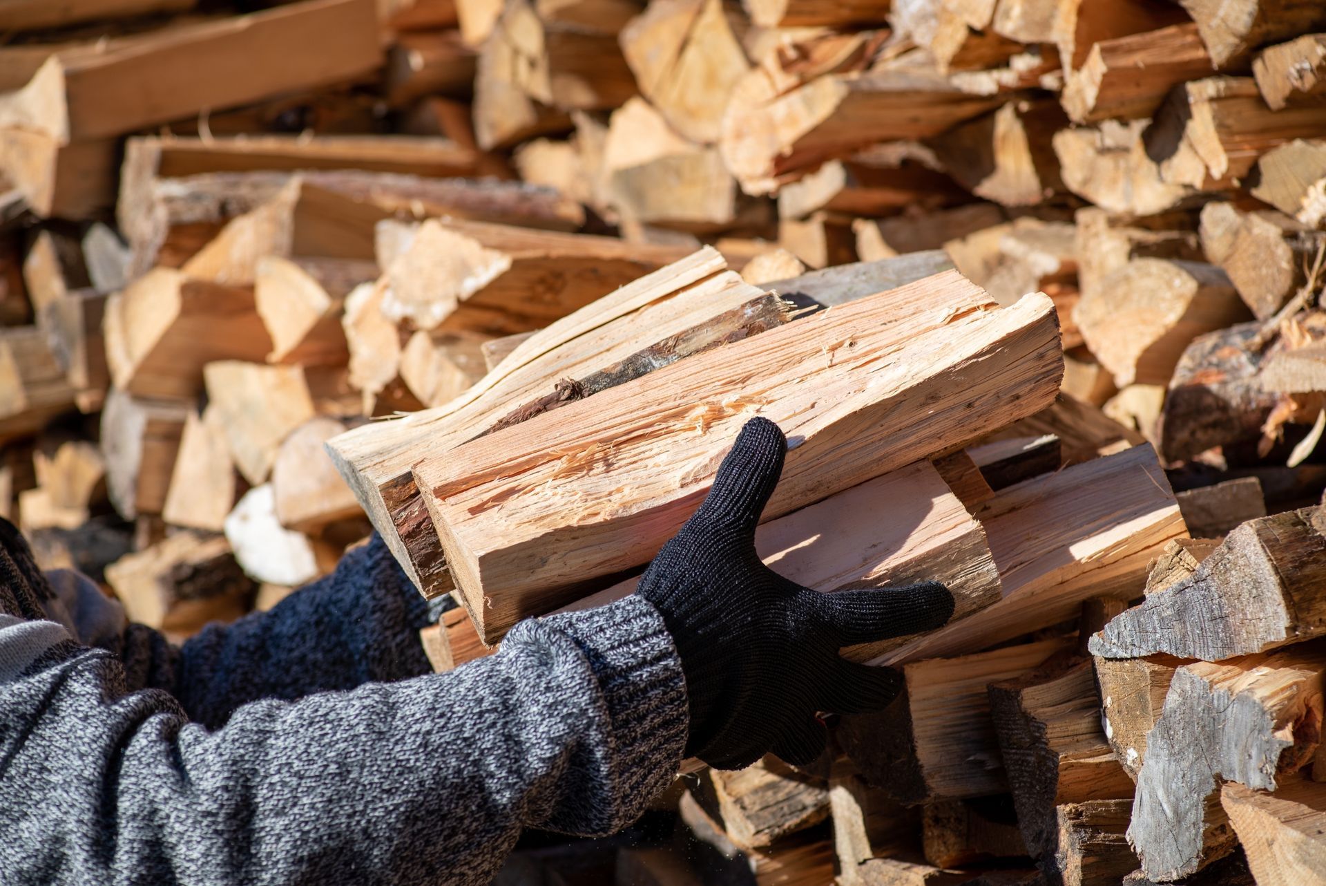 A person is holding a pile of wood in their hands.