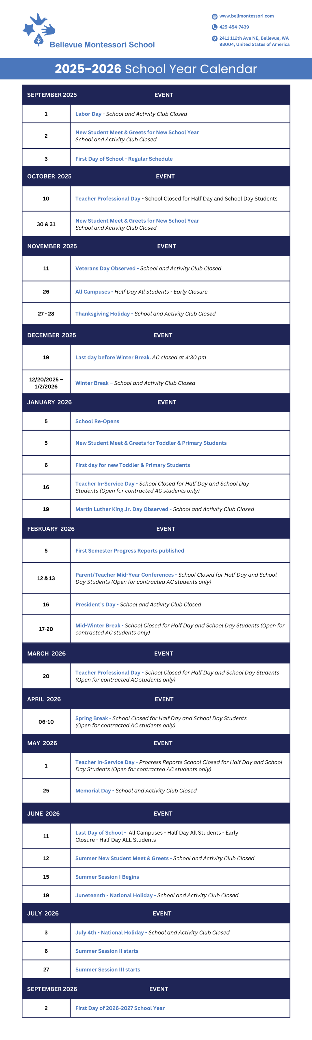 School Calendar 2024-2025