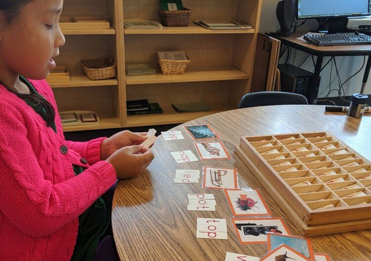 Student working with Montessori language materials
