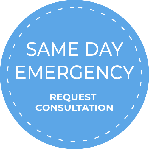 A blue circle with the words same day emergency request consultation on it
