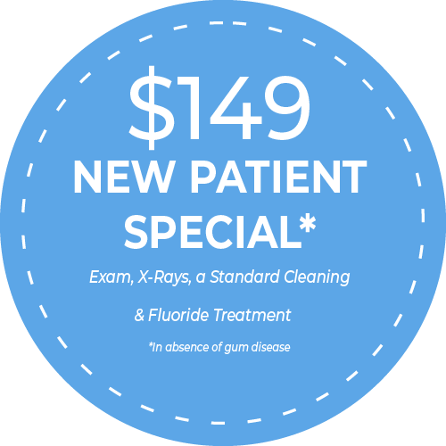 A blue circle with the words `` new patient special '' on it