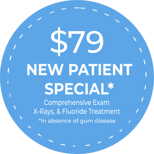 A blue circle with the words `` new patient special '' on it