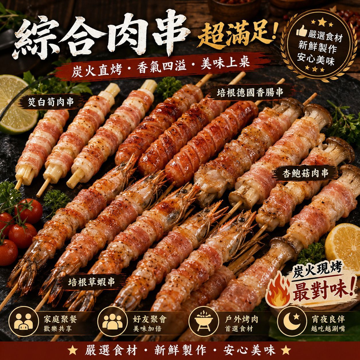 【陸霸王】★香烤肉串組/牛肉串/羊肉串/雞肉串/豬肉串/雞屁股串/醬燒雞皮串/美人鮭魚蝦串/鮭魚干貝 【獨家重量級】*