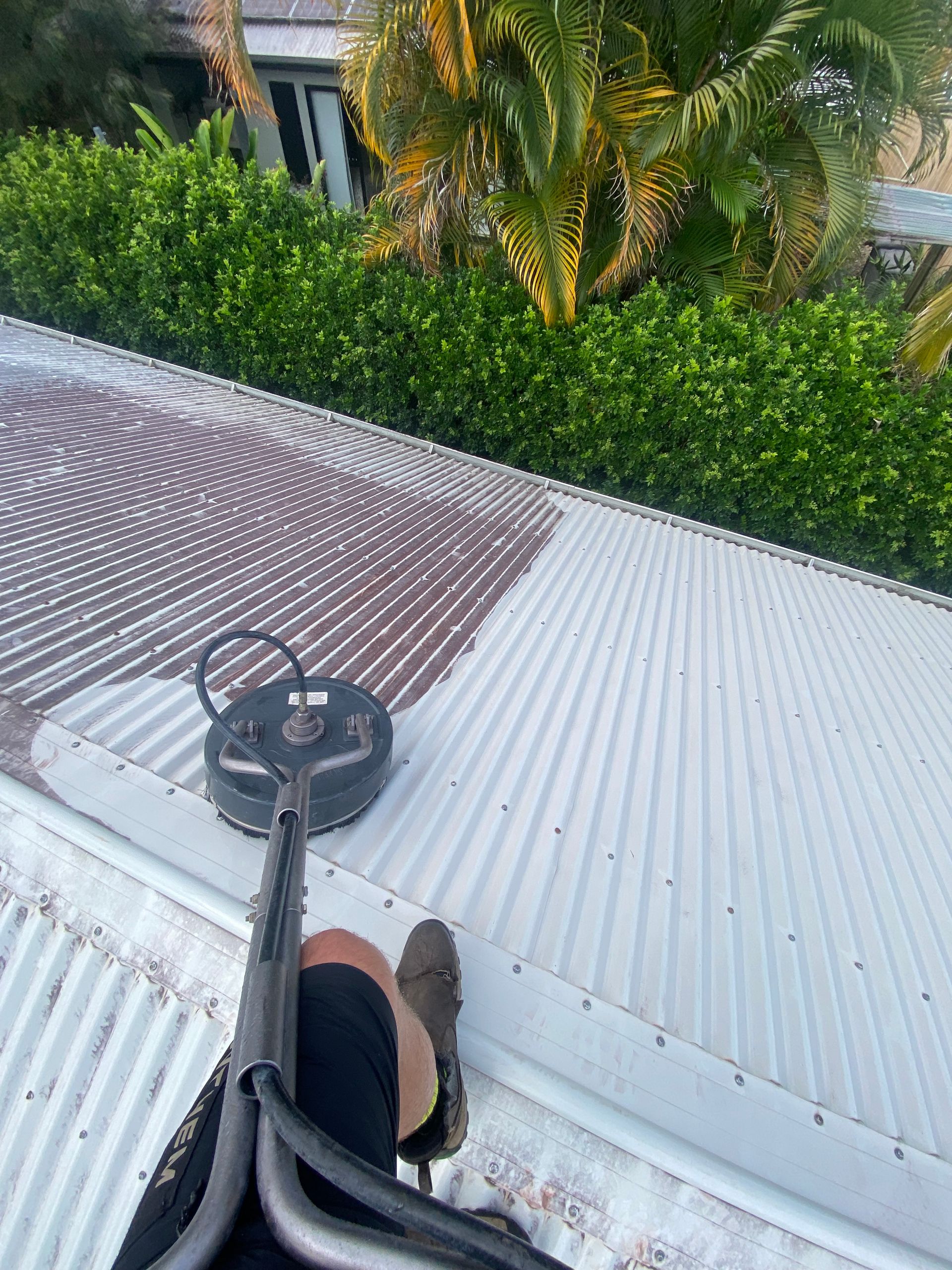 Person Power Washing a Red-tiled Roof, Removing Moss and Grime — Zac's Bin and Pressure Cleaning In Parramatta Park, QLD