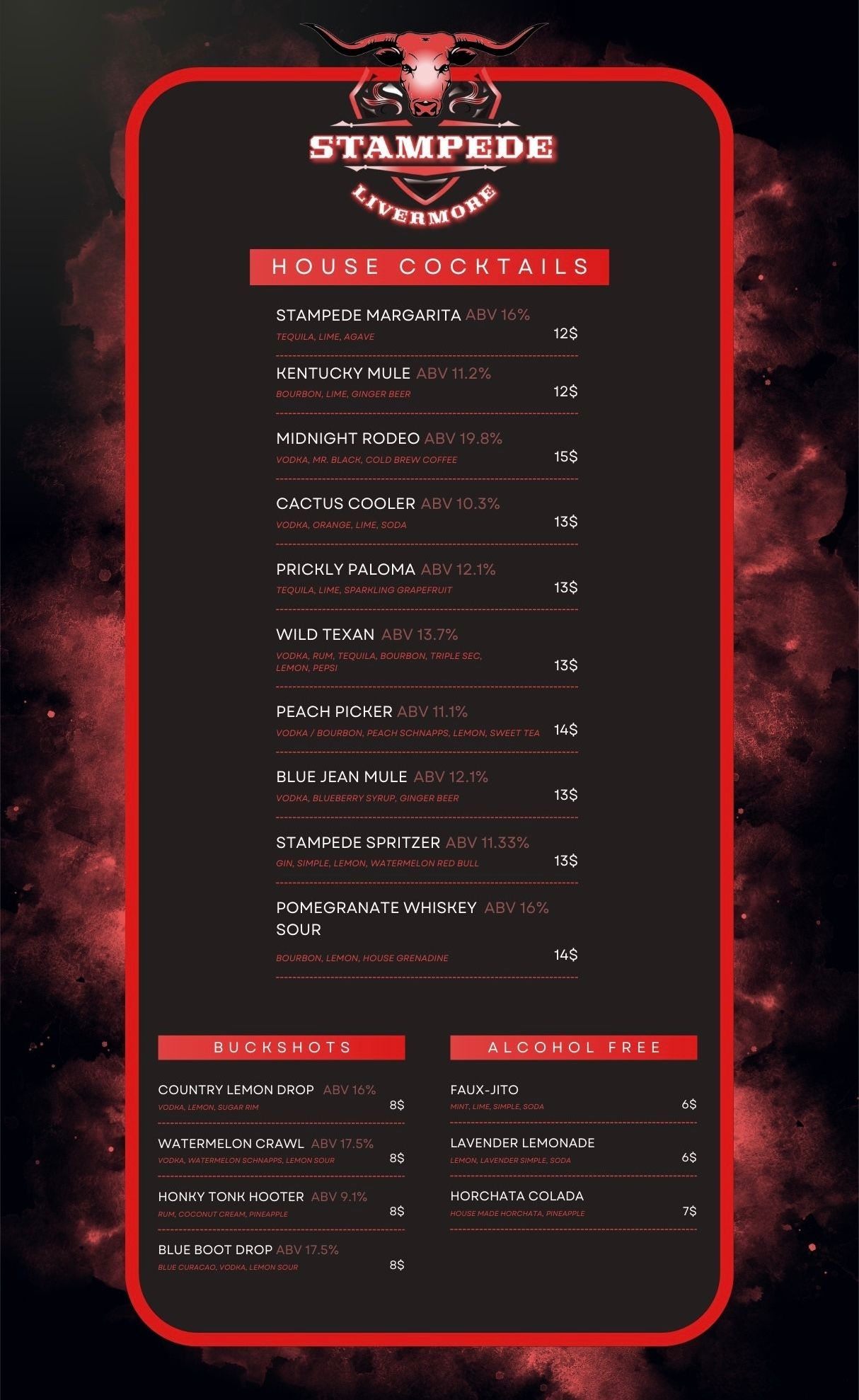 Menu for Stampede Live Entertainment, black and red, showing cocktails and drinks.