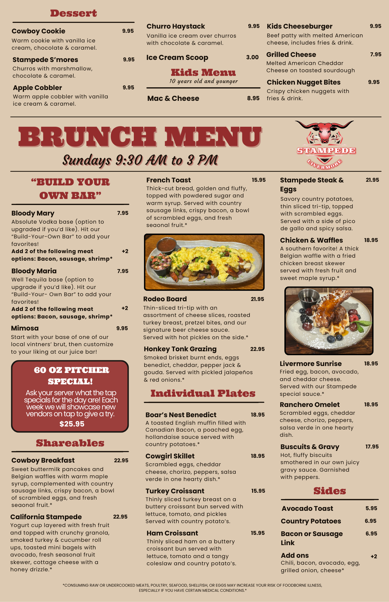 Brunch menu with food and drinks. Offers a 