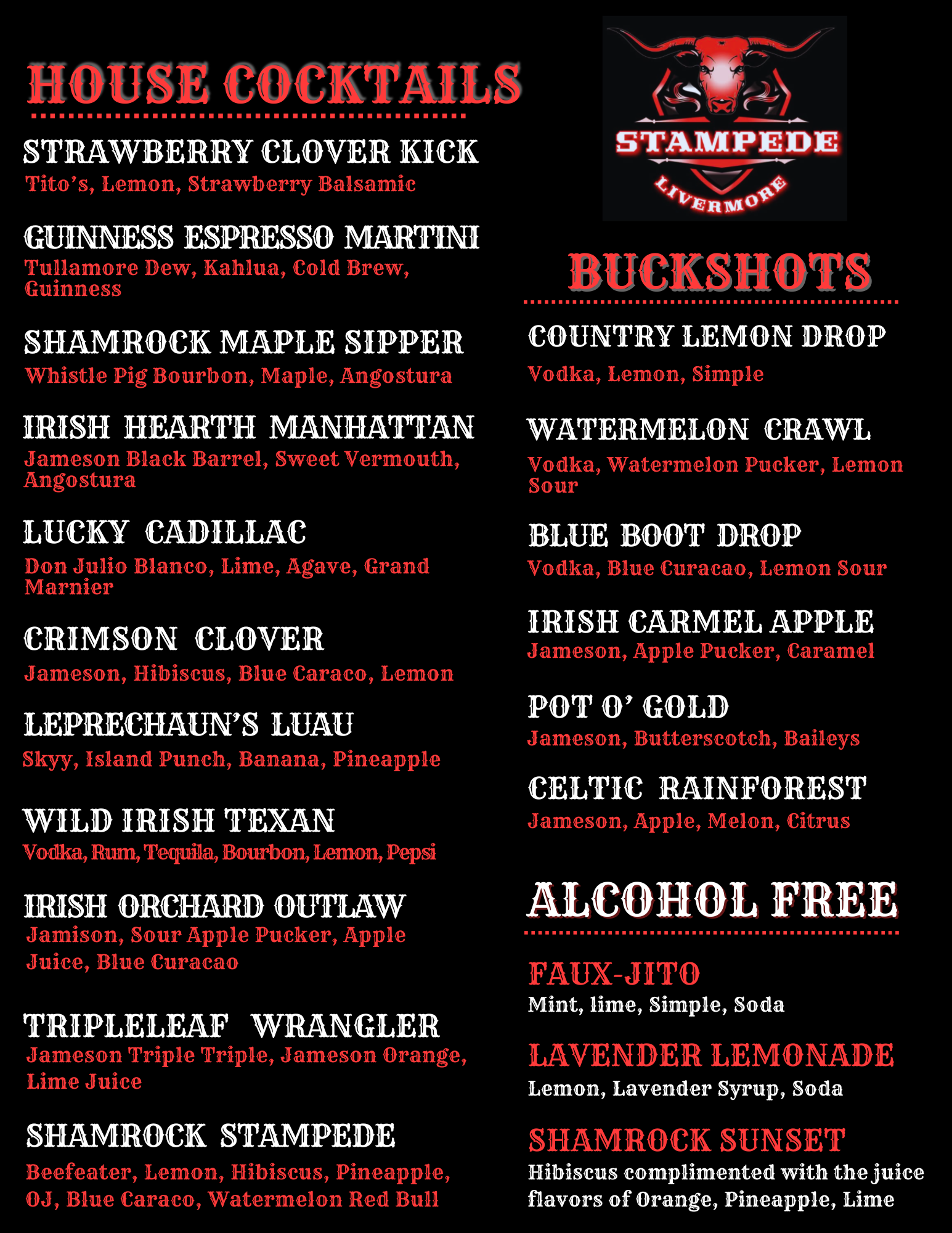 A black menu for Stampede Livermore listing house cocktails, buckshots, and alcohol-free drinks with white and red text.