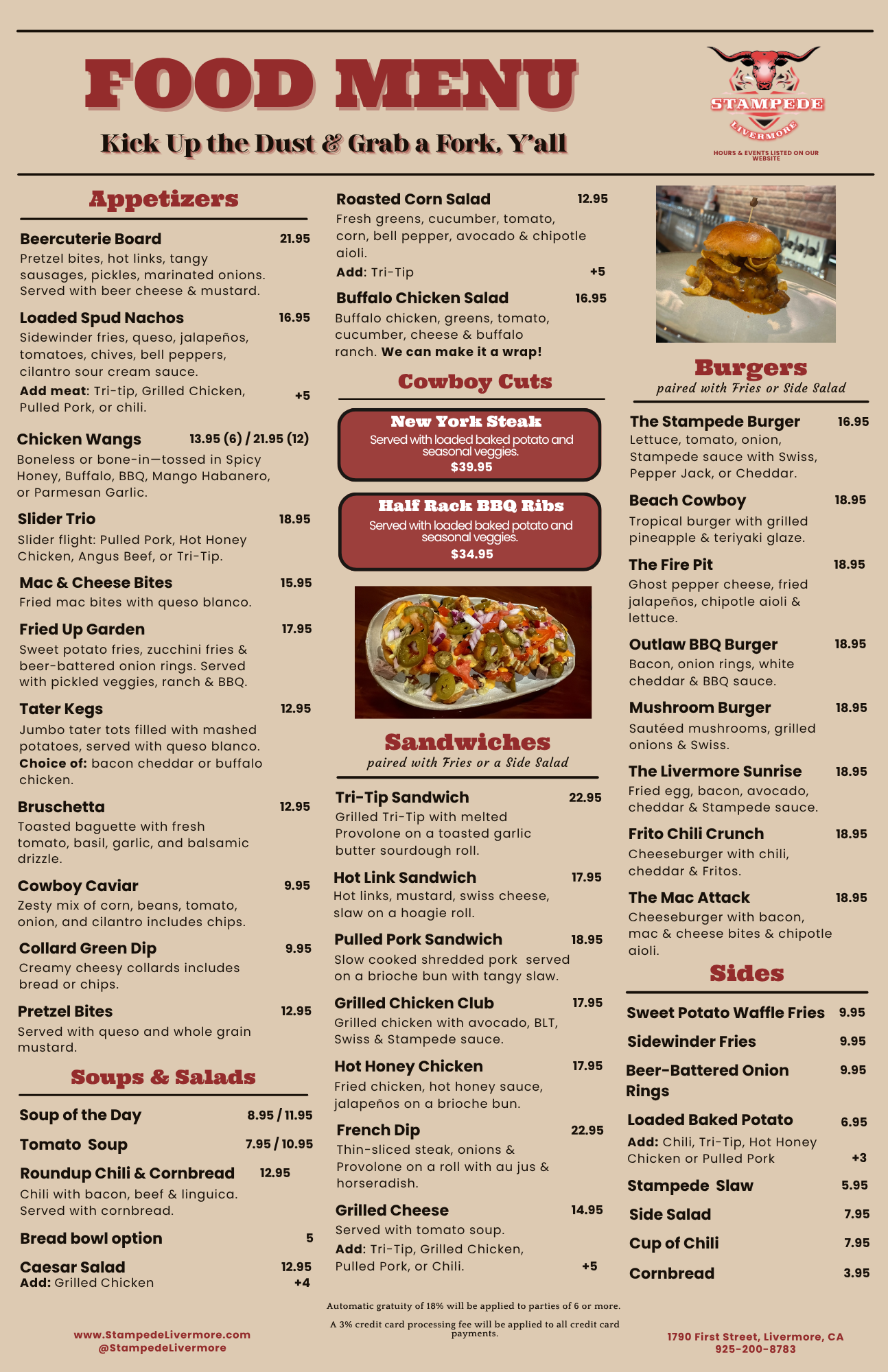 Menu for a western-themed restaurant, listing appetizers, burgers, sandwiches, and sides with pricing.
