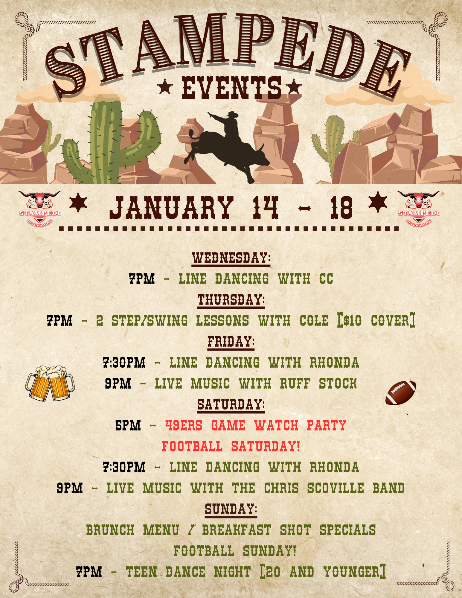 Stampede Events poster:  event dates (Jan. 14-18). Includes line dancing, live music, football watch party.