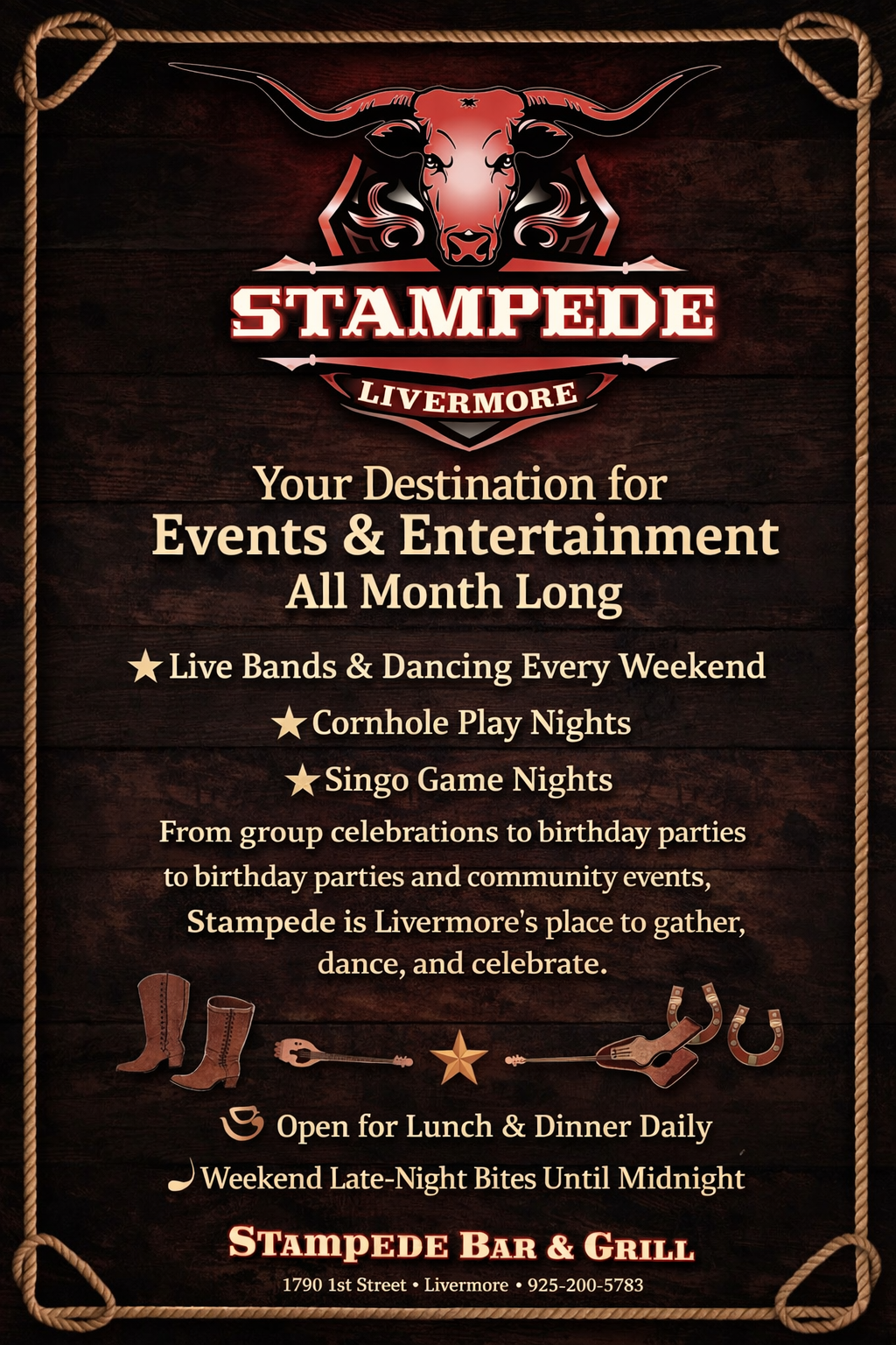 Promotional poster for Stampede Livermore, featuring a bull logo, event listings, and bar/grill details on a wood background.