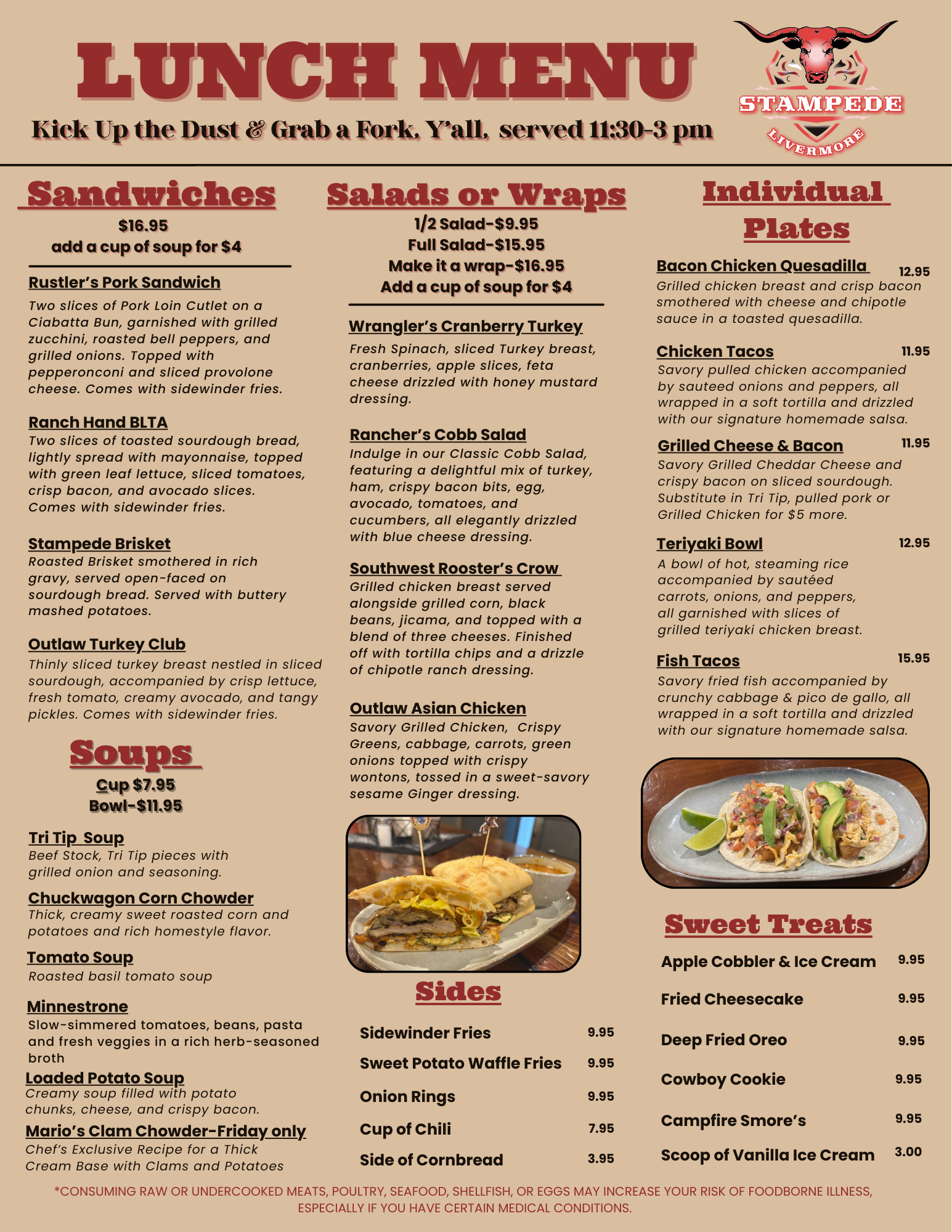 The Stampede Steakhouse lunch menu features categorized sections for sandwiches, salads, wraps, plates, soups, and sweets.