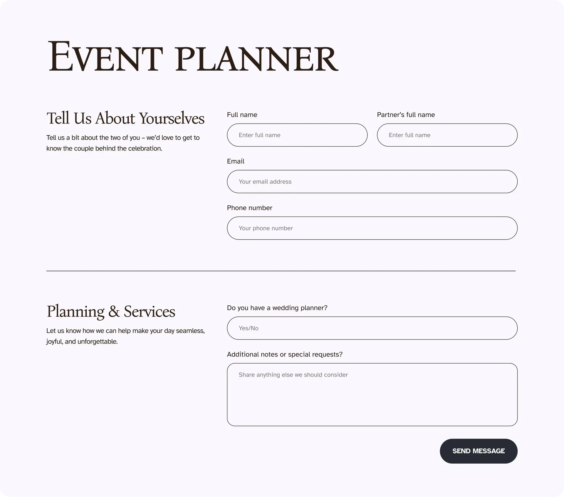 Event planner form with fields for name, contact details, and event details.