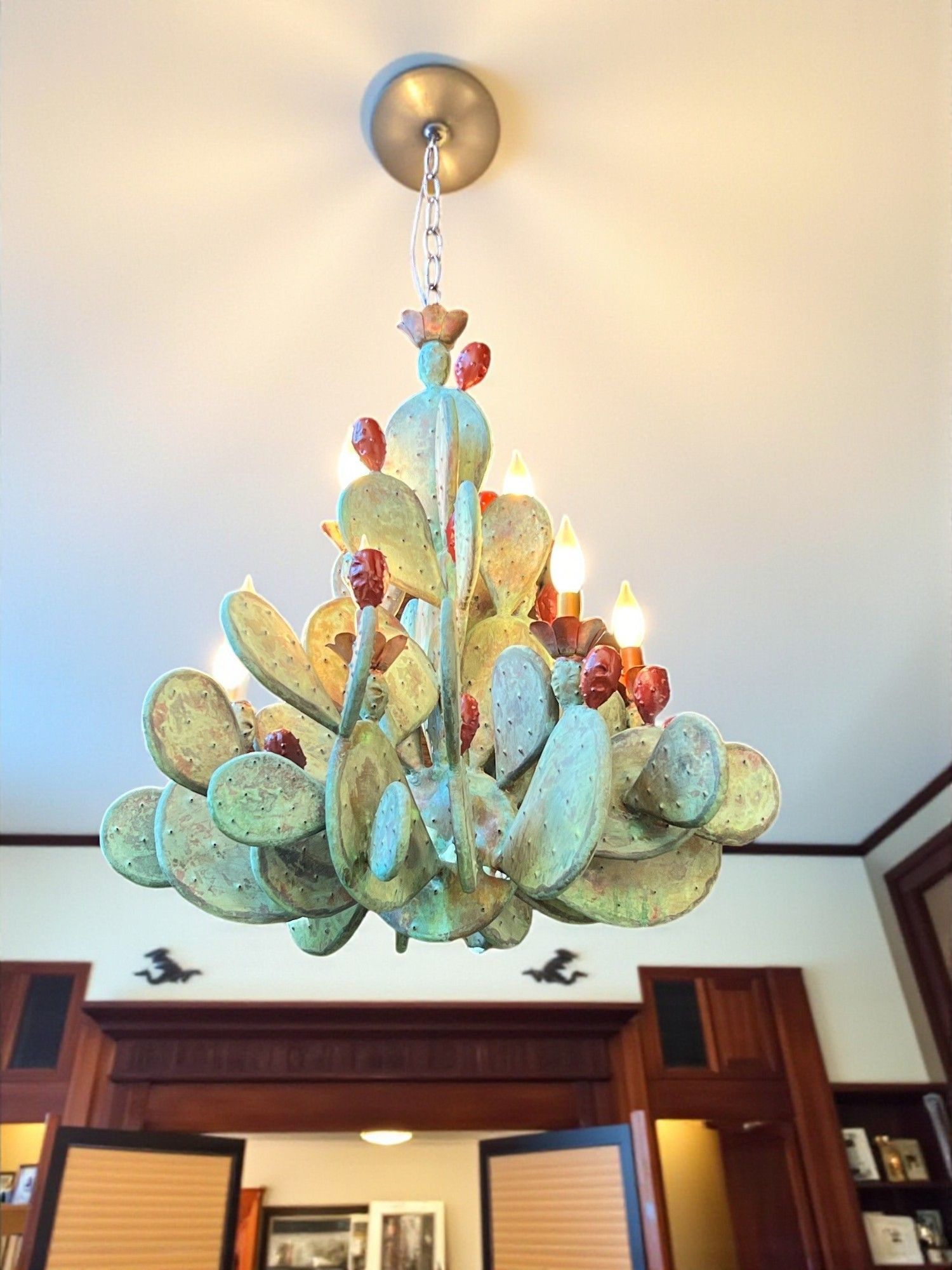 Copper Cactus Chandelier, Green Patina 8 lights