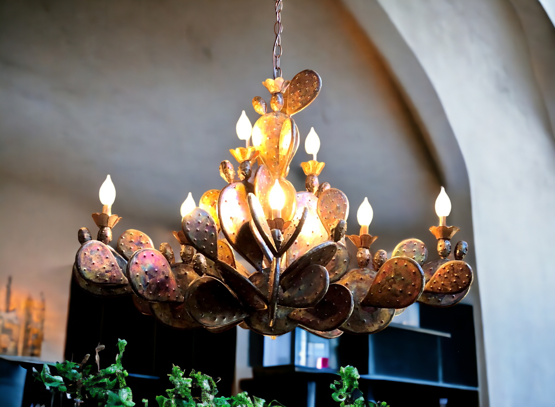 Green Patina Copper Cactus Candelabra