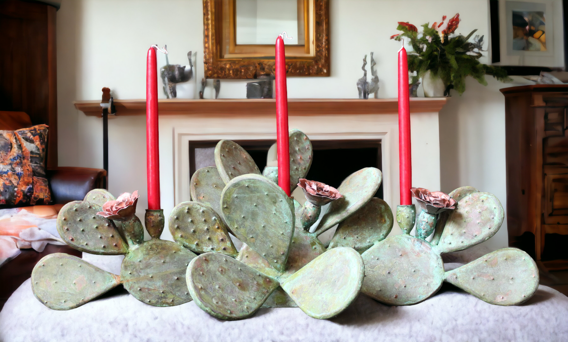 Green Patina Copper Cactus Candelabra