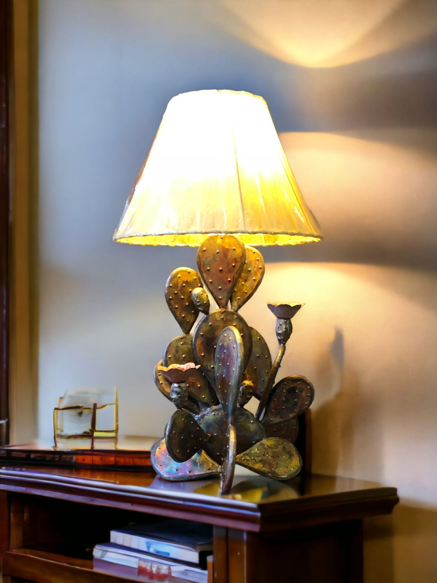 Lamp-Copper Cactus, Natural Small with Two Flowers