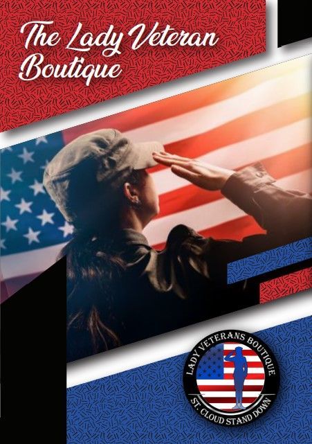 A lady veteran boutique brochure with a woman saluting an american flag