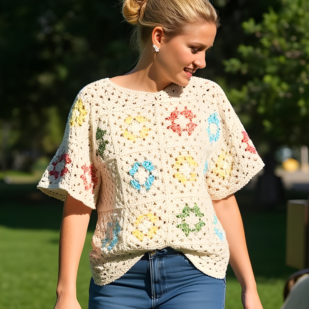 A woman wearing a crocheted top and jeans is standing in a park.