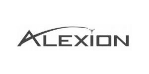 A black and white logo for alexion on a white background.