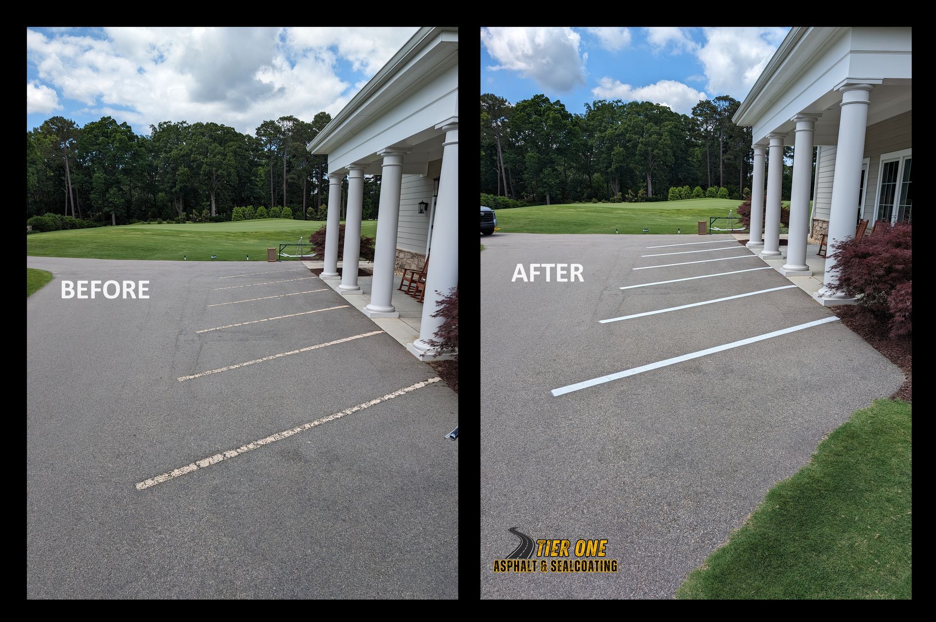 A before and after photo of a driveway with white lines