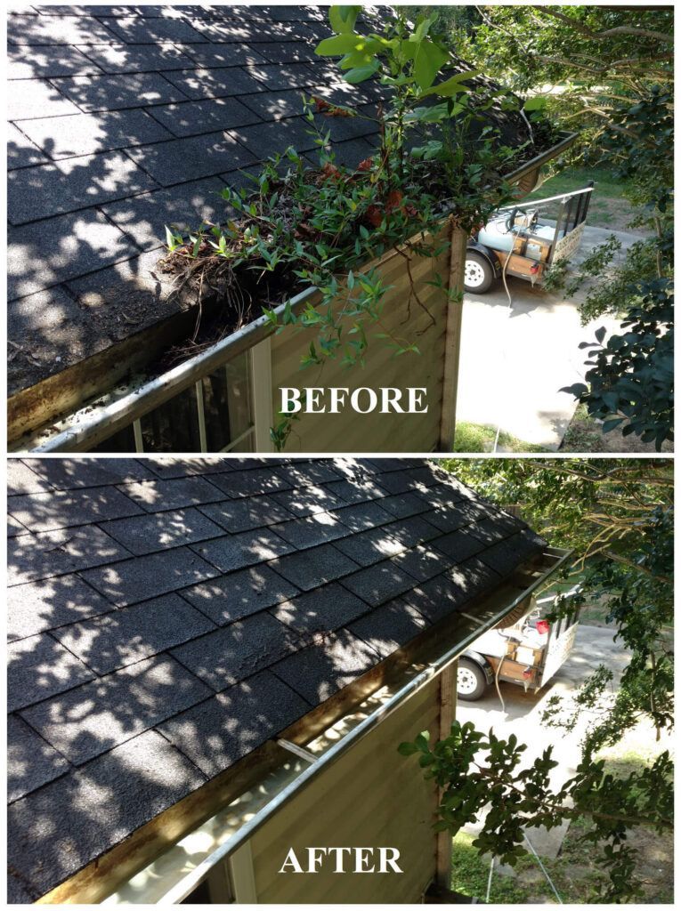 A before and after picture of a gutter on a house.