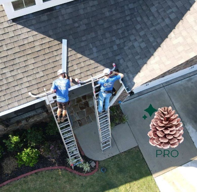 Two men are standing on a ladder on the roof of a house.