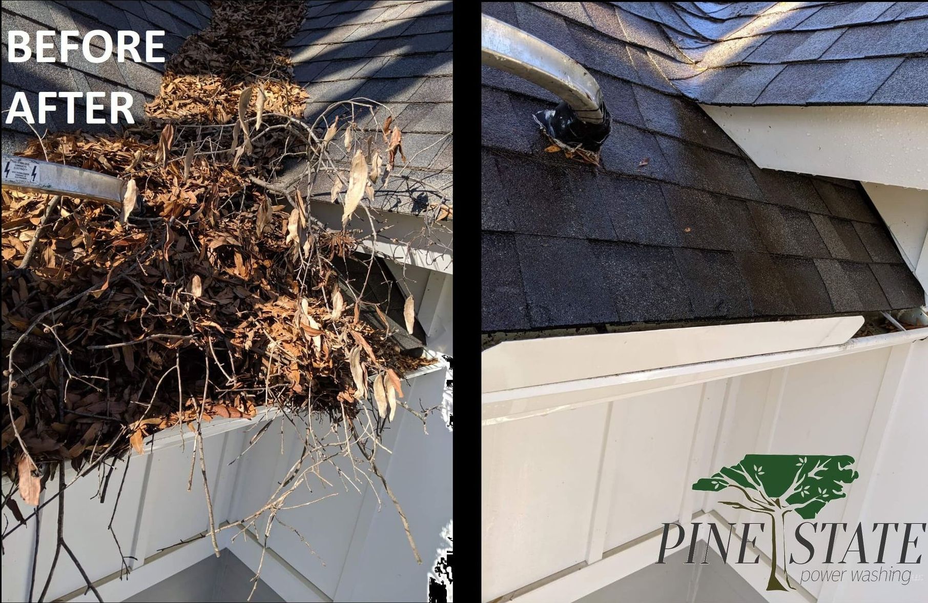 A before and after picture of a gutter on a house.