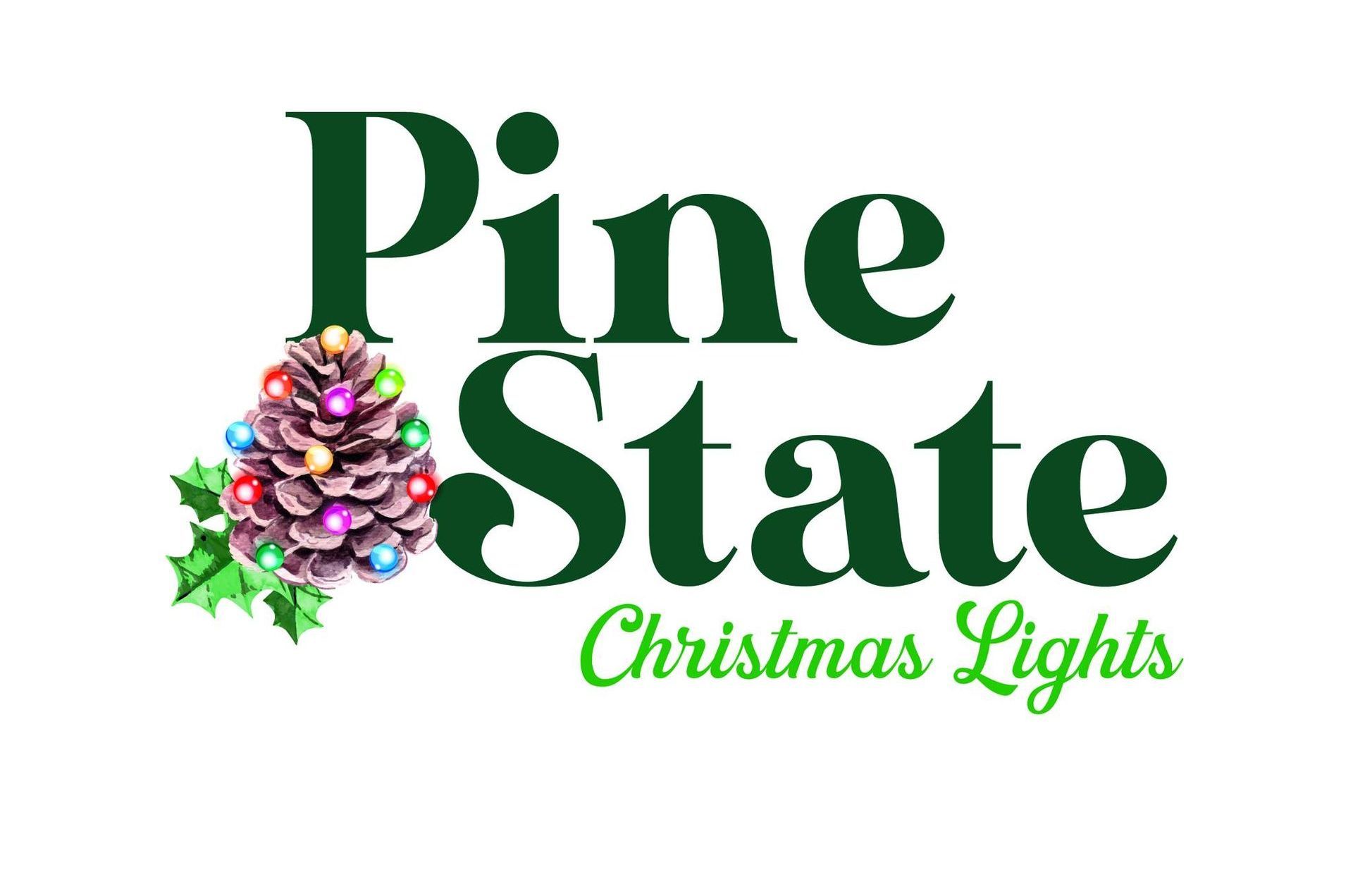 A pine state christmas lights logo with a pine cone and christmas lights.