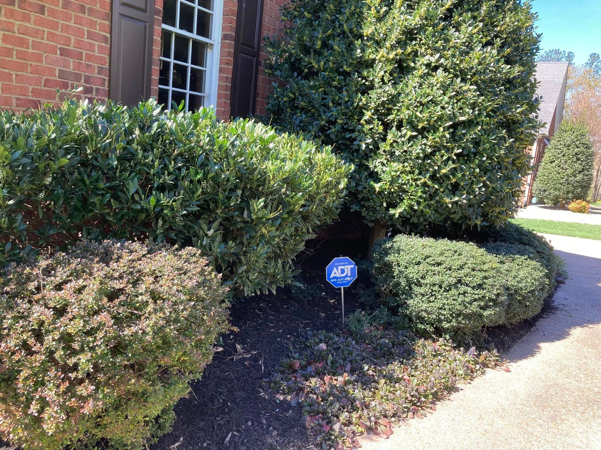A home's front yard with green bushes and an ADT security sign. Brick house with a window.