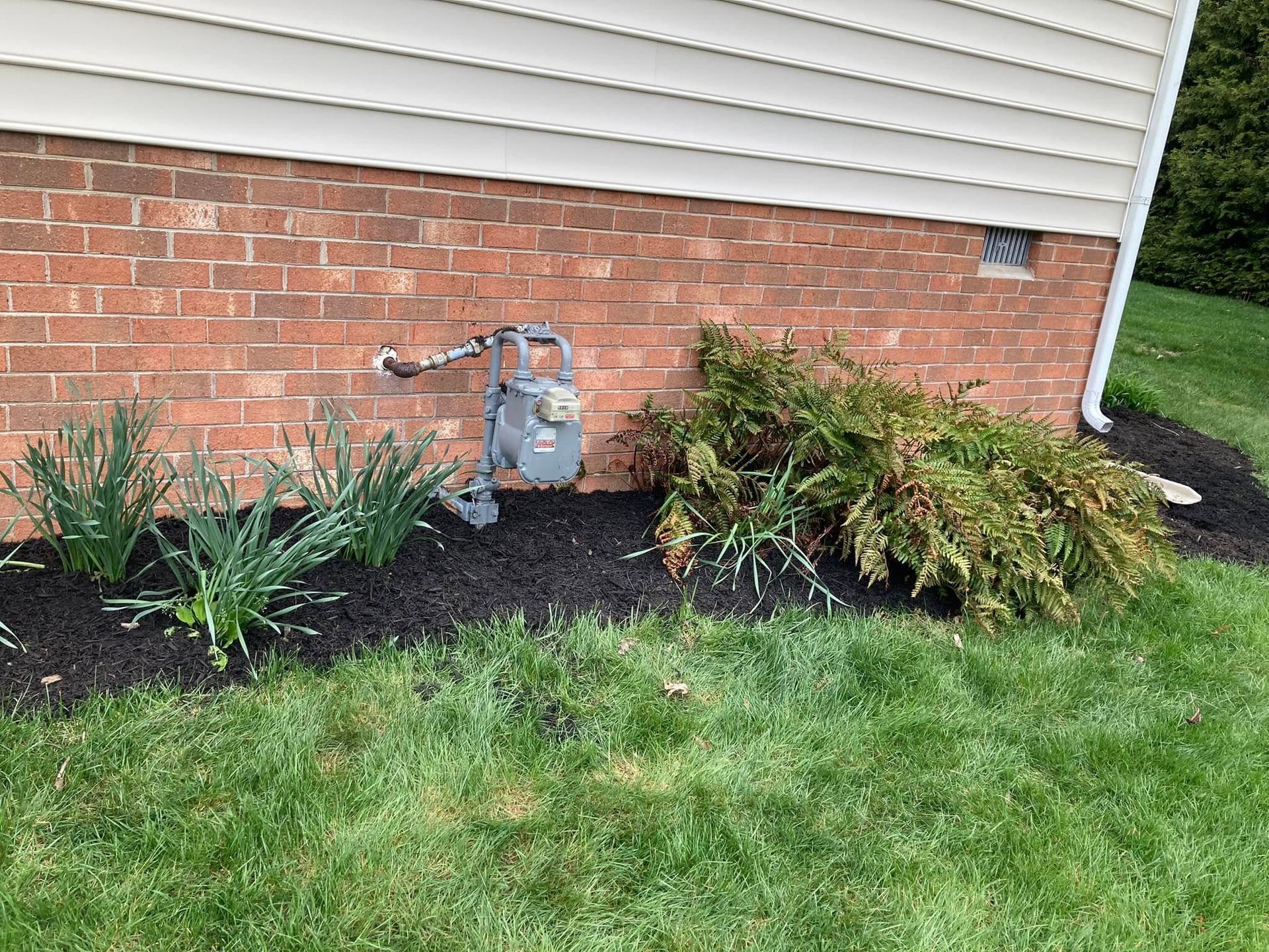 Brick house exterior with a gas meter and landscaping.