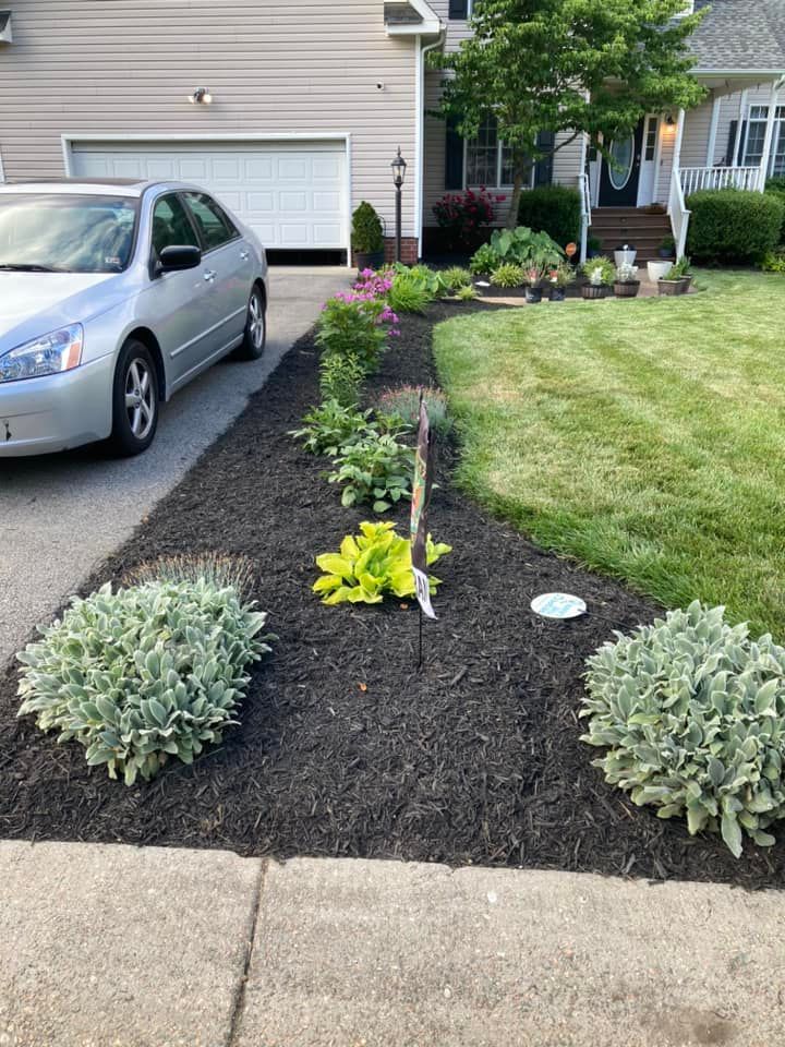 Silver car parked near a landscaped front yard with mulch and green plants.