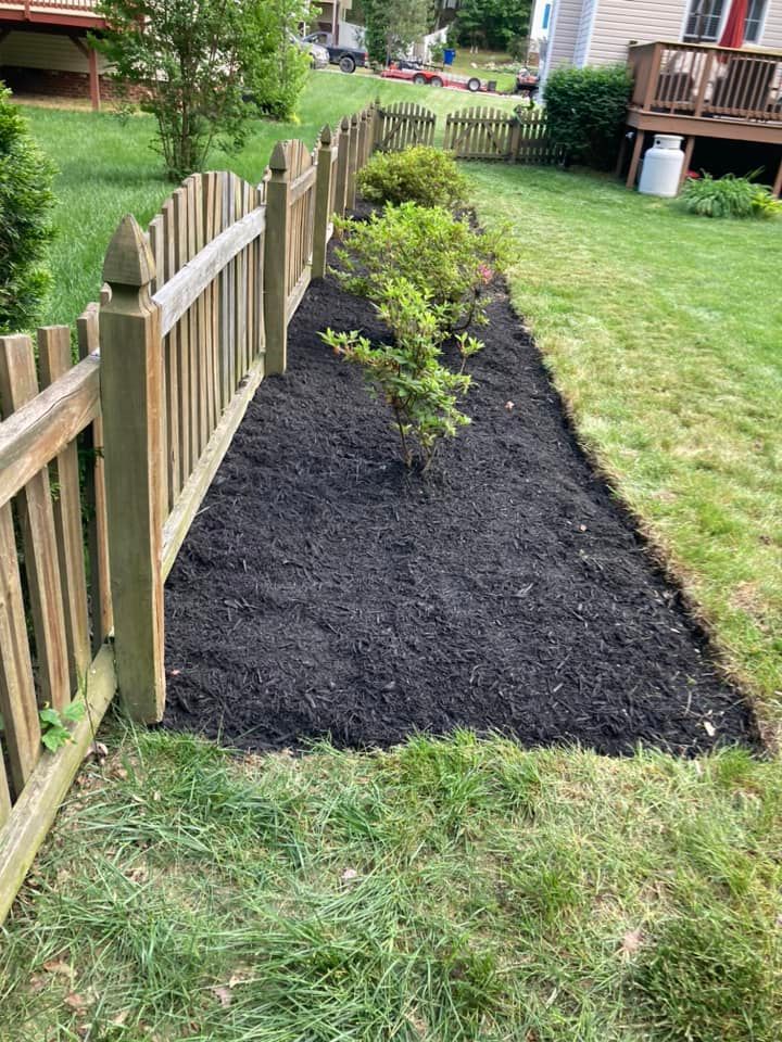 Black mulch in a narrow garden bed next to a wooden fence and green lawn.