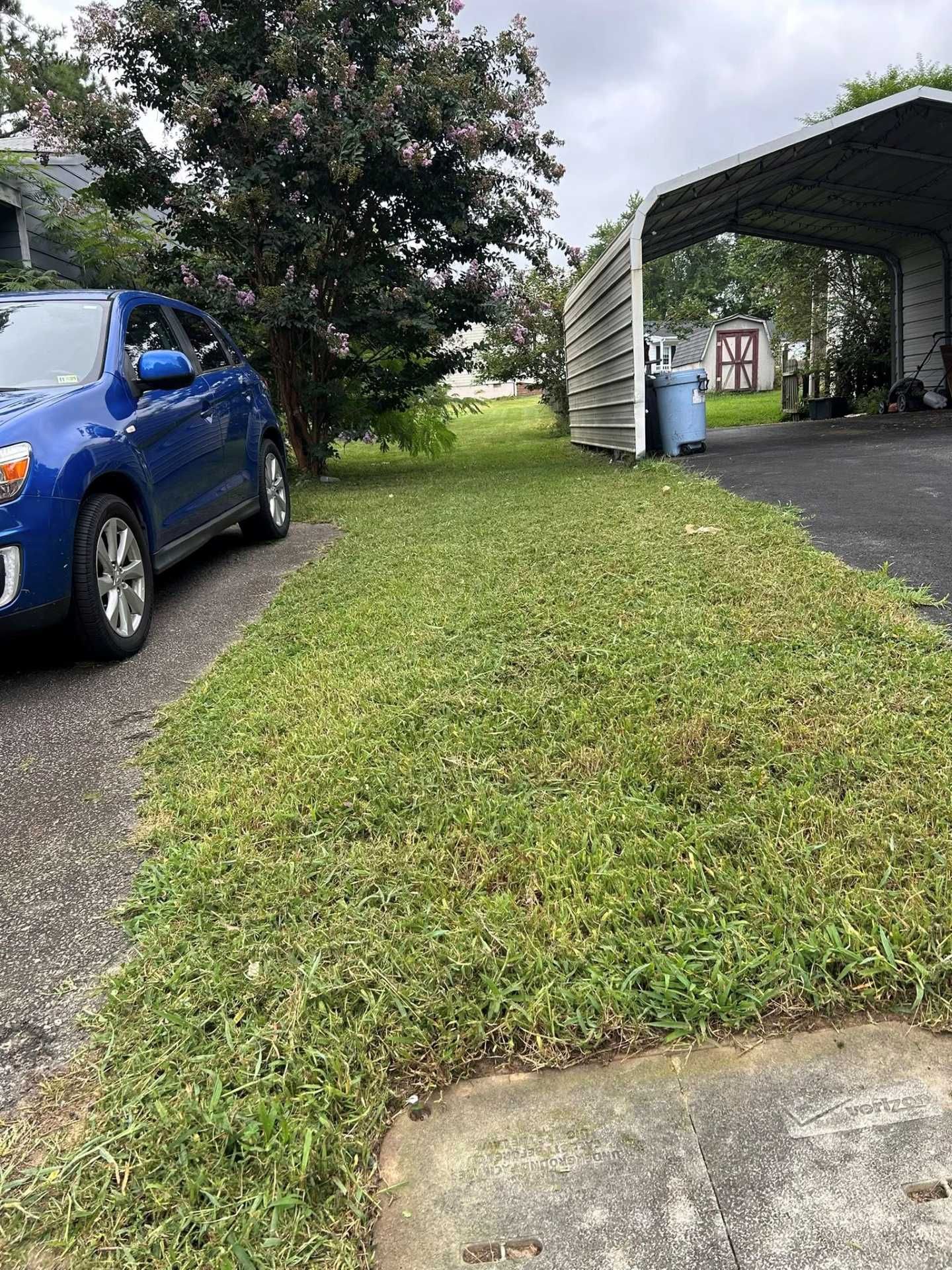 Blue car parked next to grassy yard and driveway with carport.