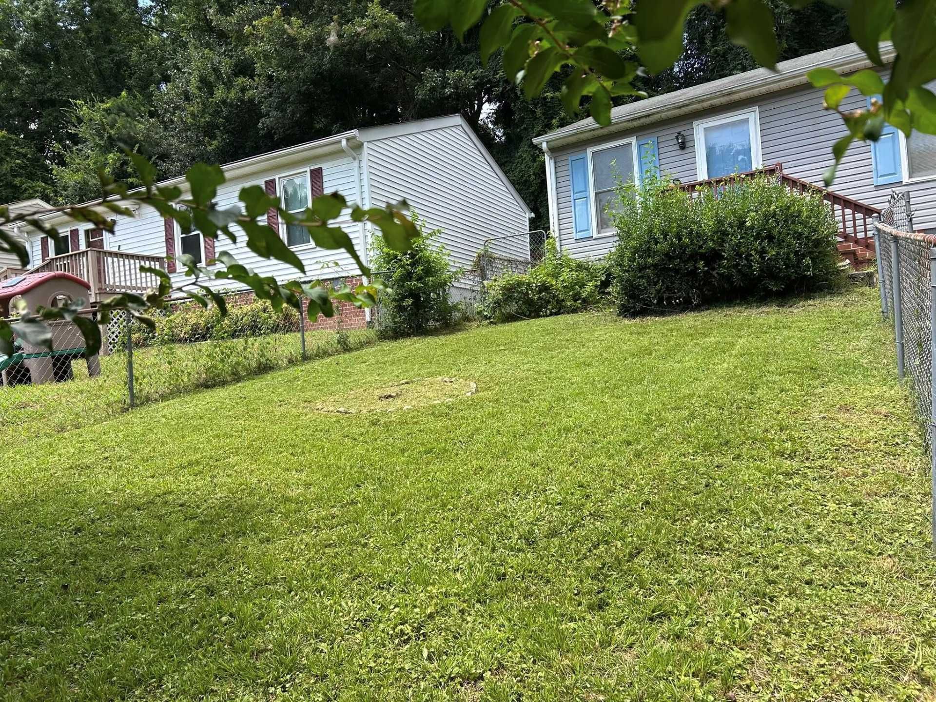 Two houses on a green grassy hill, partially obscured by trees. A chain link fence runs along the yard.