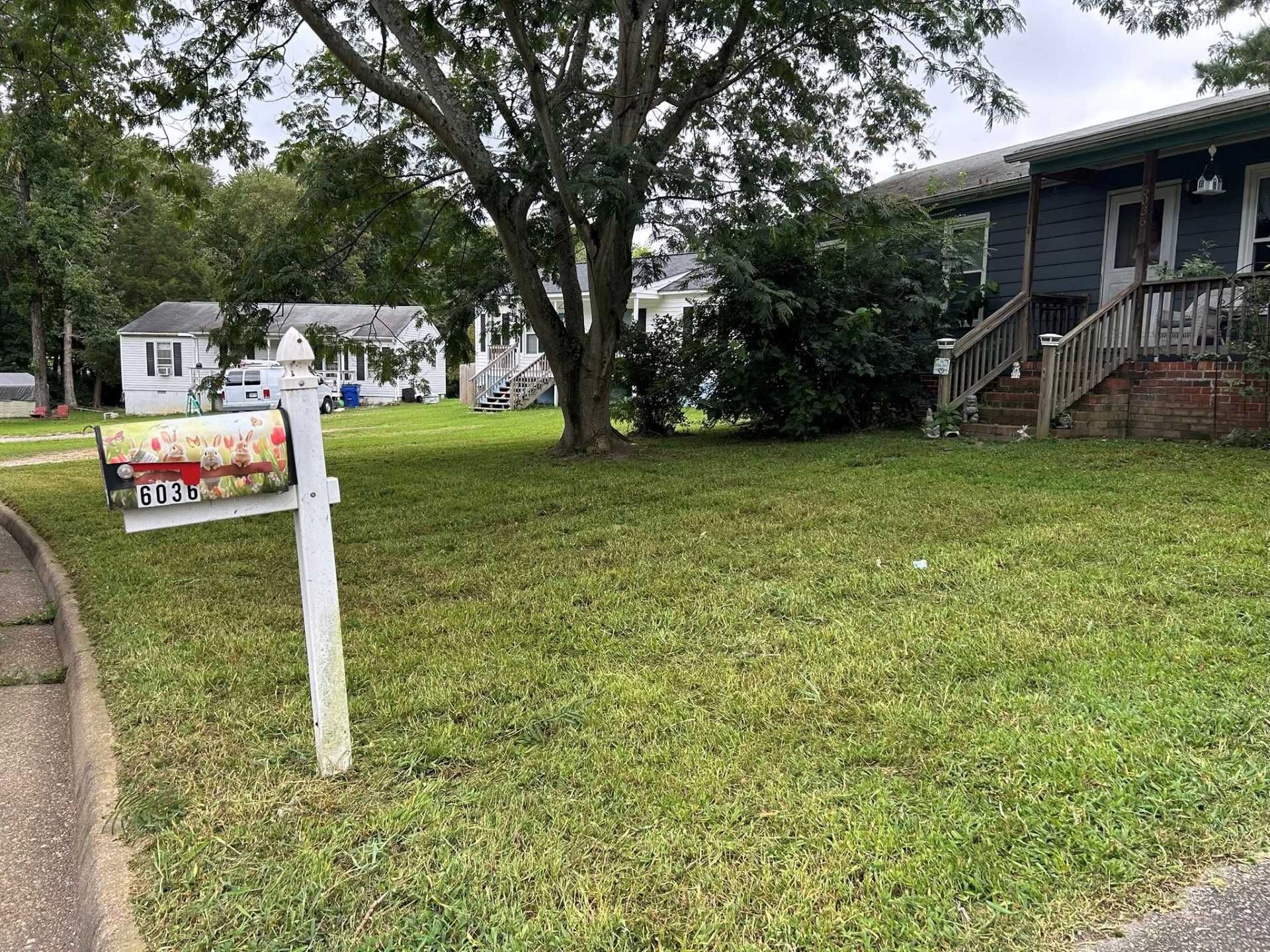 Lawn with mailbox, house, and tree. Mailbox has address 8094. Houses in the background. Overcast sky.