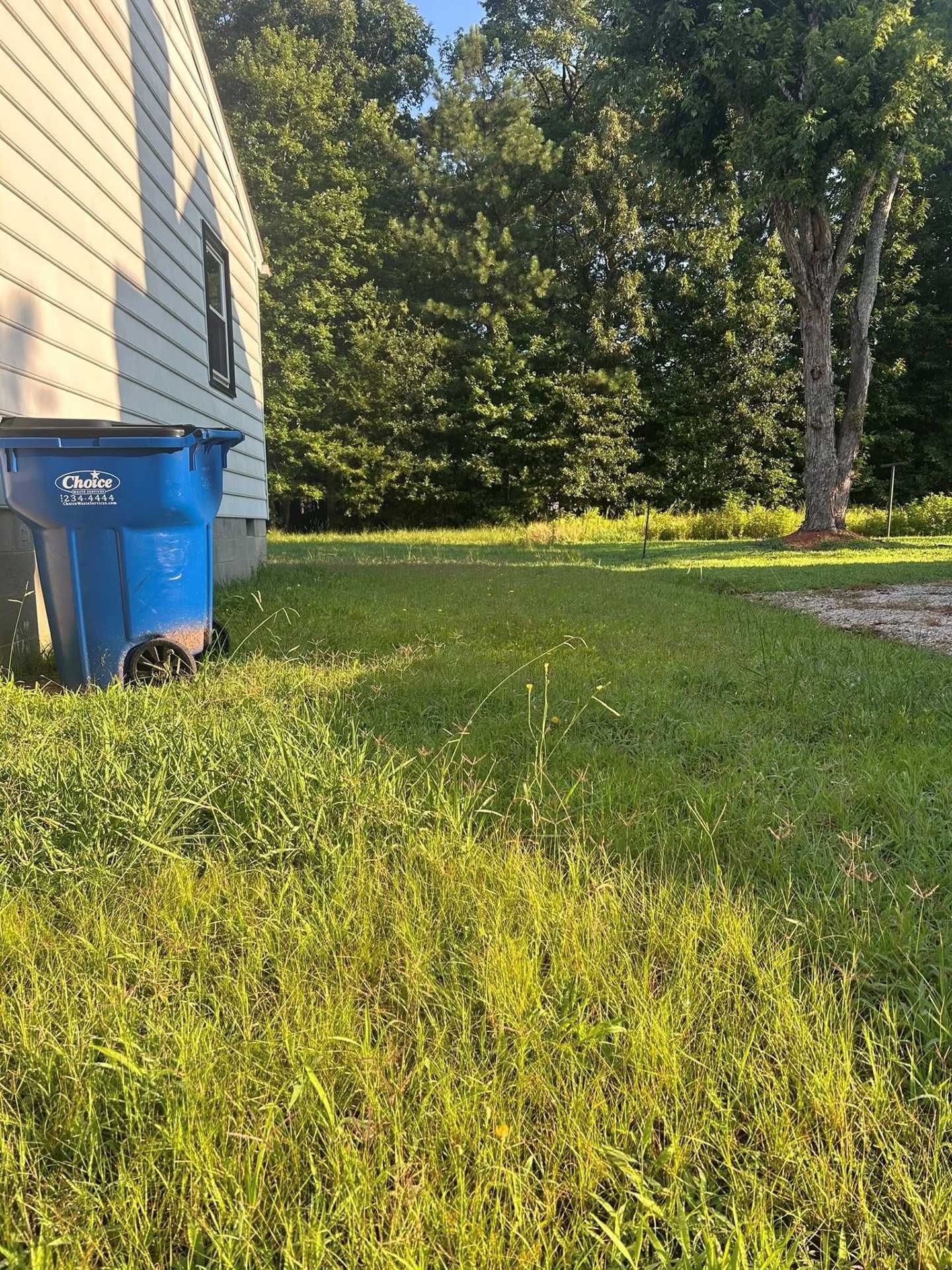 Blue trash can next to a house and overgrown grass in front of a tree line.