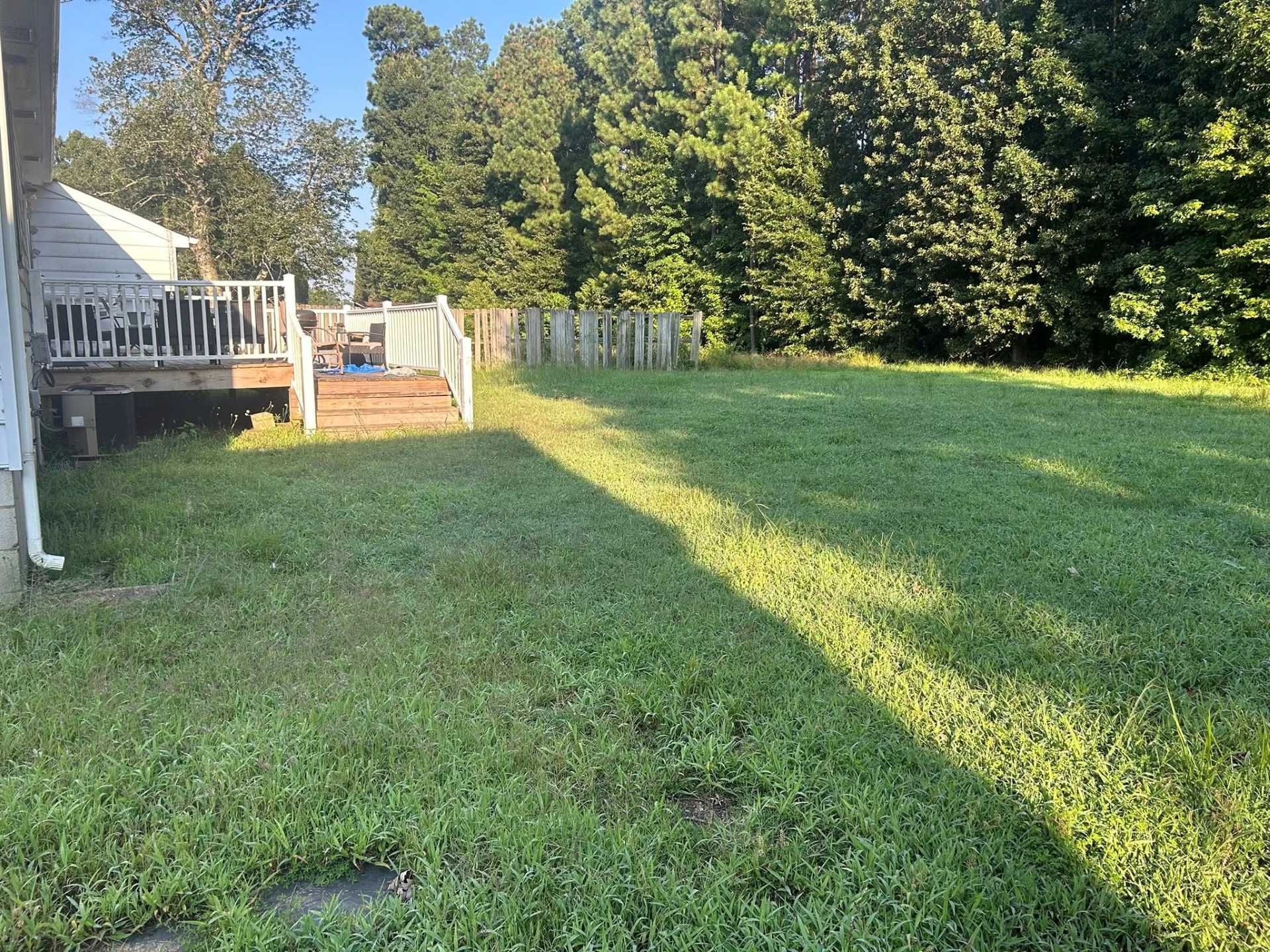 Backyard with a wooden deck, a grassy lawn, and a wooden fence. Trees are in the background.