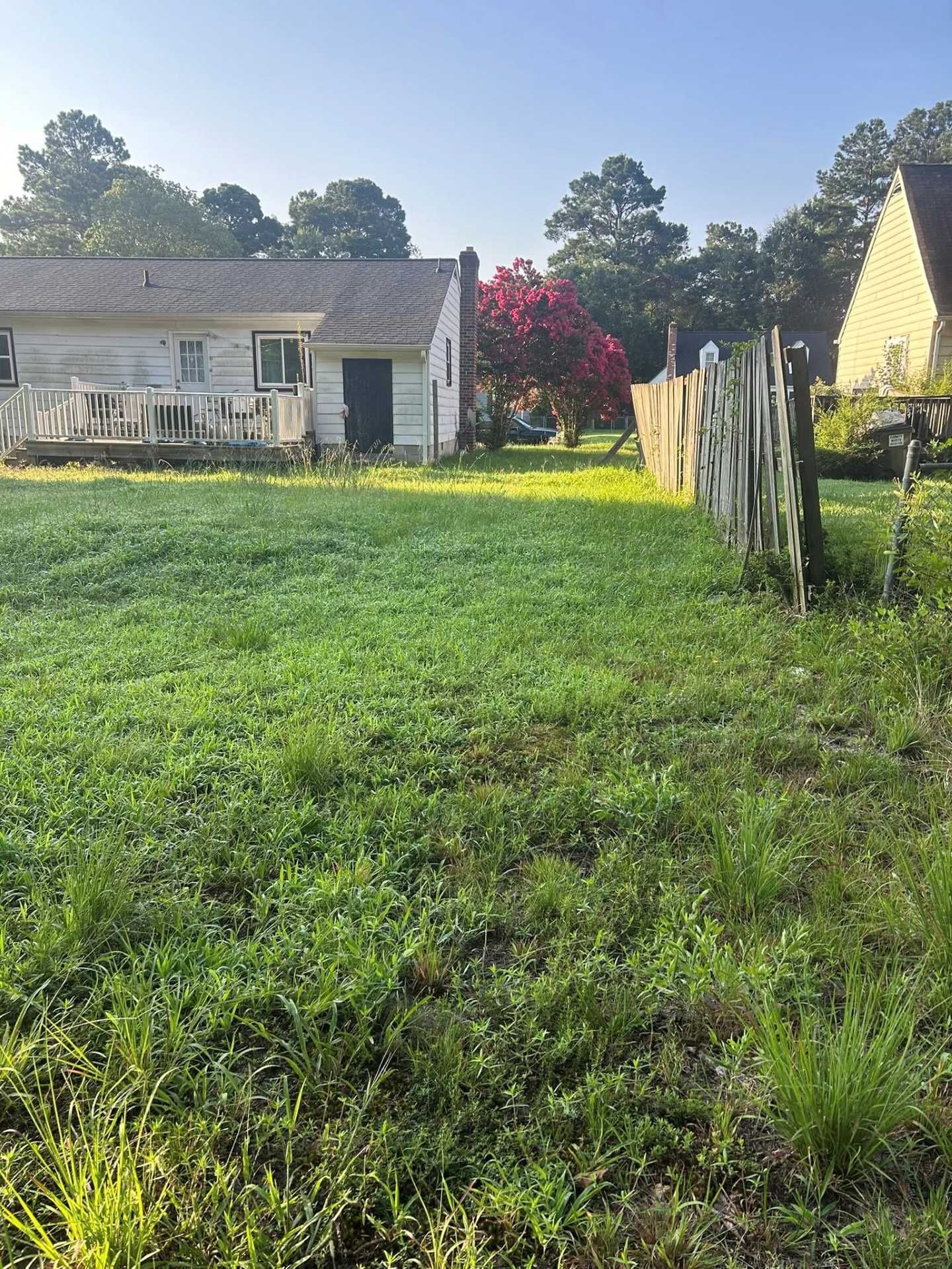 Lawn in front of a white house with a weathered fence, trees, and blue sky.