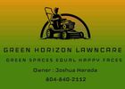 Green Horizon Lawncare logo: lawn mower silhouette under green and yellow gradient, with business information.