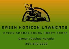 Green Horizon Lawncare logo: lawn mower silhouette under green and yellow gradient, with business information.